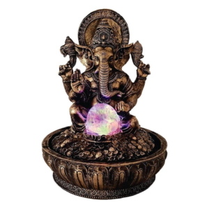 Fonte de água Ganesha com esfera e Luz Colorida cor ouro