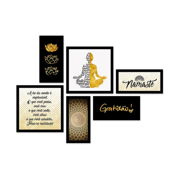 Conjunto 6 Quadros Decorativos com MOLDURA - Frase Budista Buda Religioso Dourado