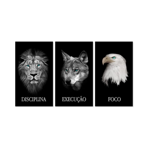 Kit 3 Quadros Decorativos Grandes com MOLDURA - Disciplina Execução e Foco - Animais