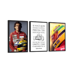 Kit 3 Quadros Decorativos - Ayrton Senna Frases Motivacionais - Com Vidro 30x40cm - Cor:Preto