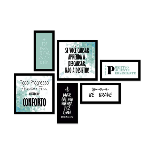 Conjunto 6 Quadros Decorativos com MOLDURA Frases de Motivação com Geométrico Verde