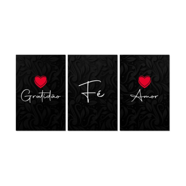 Kit 3 Placas Decorativas Frase Gratidão Fé Amor - 20x30cm Mdf