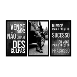 Kit 3 Quadros Decorativos COM MOLDURA - Frases de Motivação Sucesso