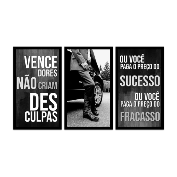 Kit 3 Quadros Decorativos COM MOLDURA - Frases de Motivação Sucesso