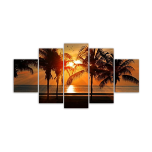 Kit 5 Quadros Decorativos - Coqueiro Praia Por Do Sol